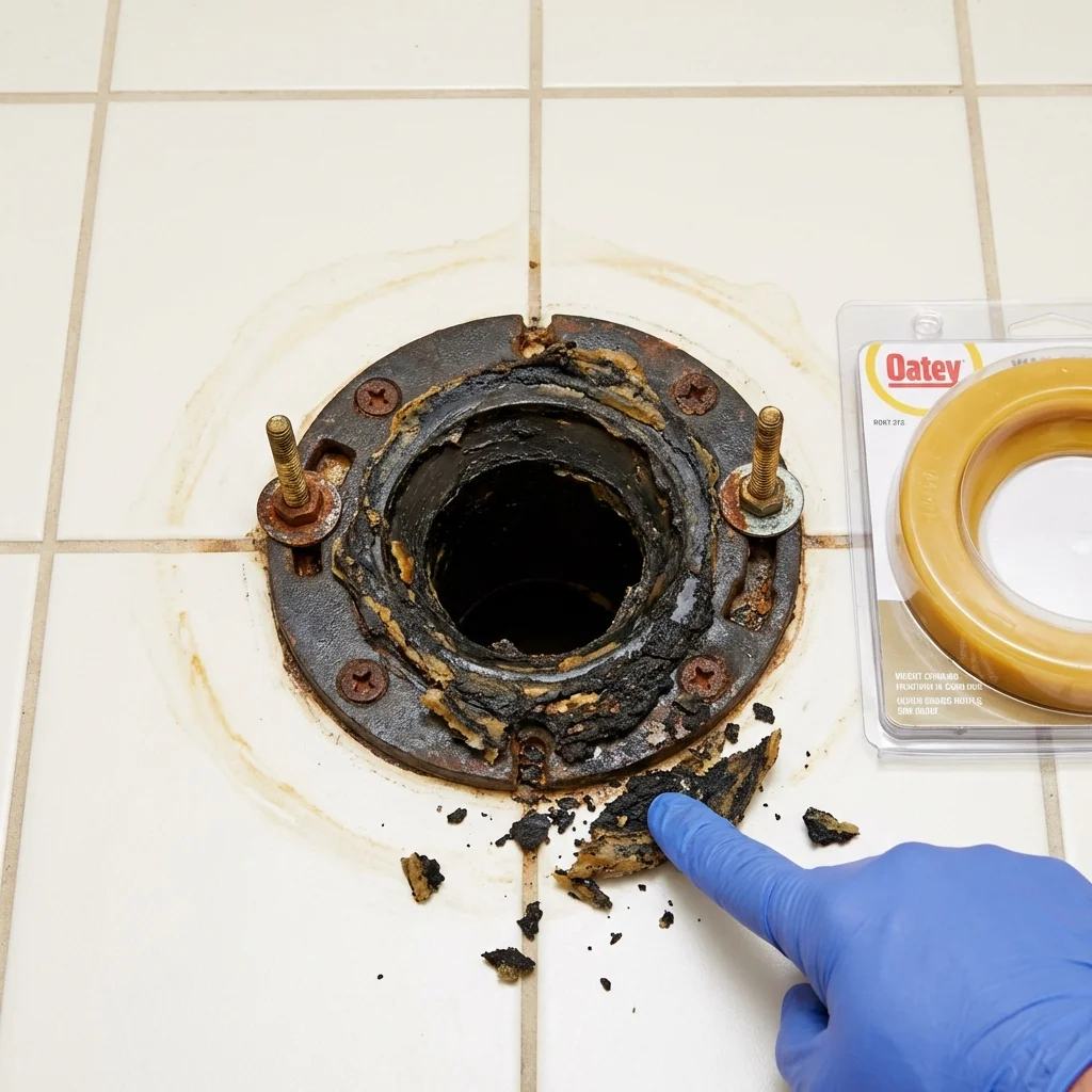Failed wax ring showing water seepage at the base of a toilet in a Marianna, FL home